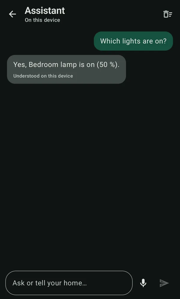 Ask bio: which lights are on? Yes, the bedroom lamp is on at 50 percent, understood on this device