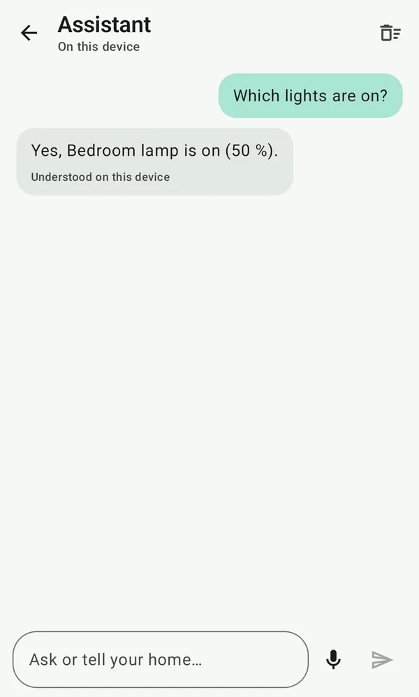 Ask bio: which lights are on? Yes, the bedroom lamp is on at 50 percent, understood on this device