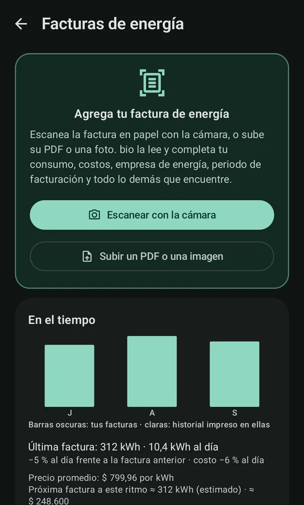 Facturas de energía en bio: escanea o sube una factura y mira las facturas a lo largo del tiempo con una previsión