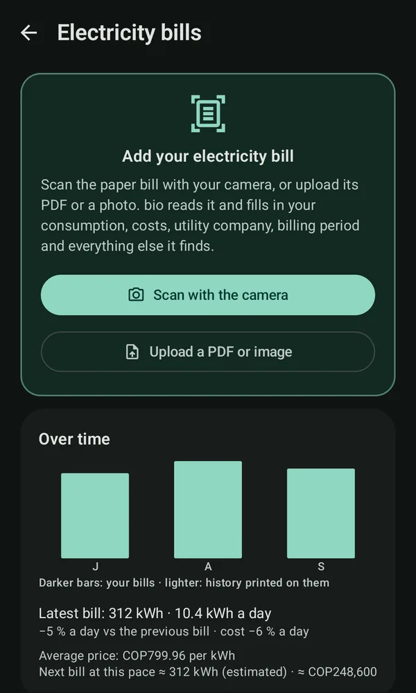 Electricity bills in bio: scan or upload a bill and see bills over time with a forecast