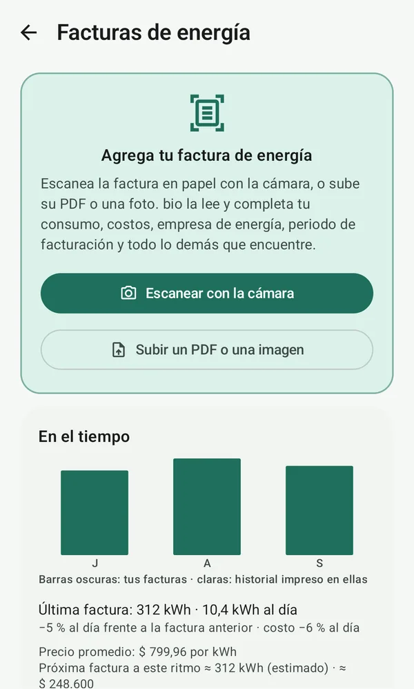 Facturas de energía en bio: escanea o sube una factura y mira las facturas a lo largo del tiempo con una previsión