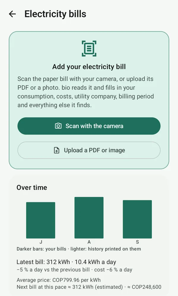 Electricity bills in bio: scan or upload a bill and see bills over time with a forecast