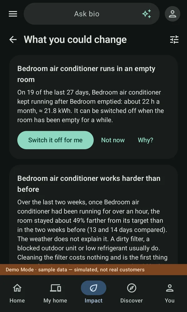 What you could change in bio: the bedroom air conditioner runs in an empty room