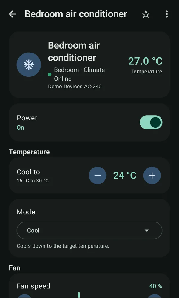 A device page in bio: the bedroom air conditioner with power, target temperature, mode and fan speed