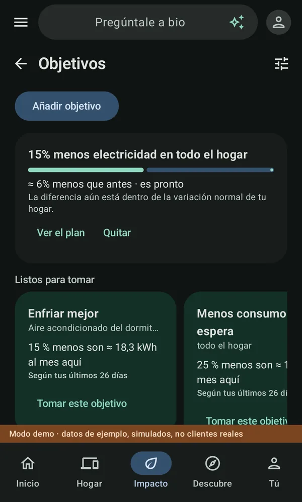 Objetivos en bio: un objetivo de un 15 % menos de electricidad y objetivos listos como Enfriar mejor y Menos consumo en espera