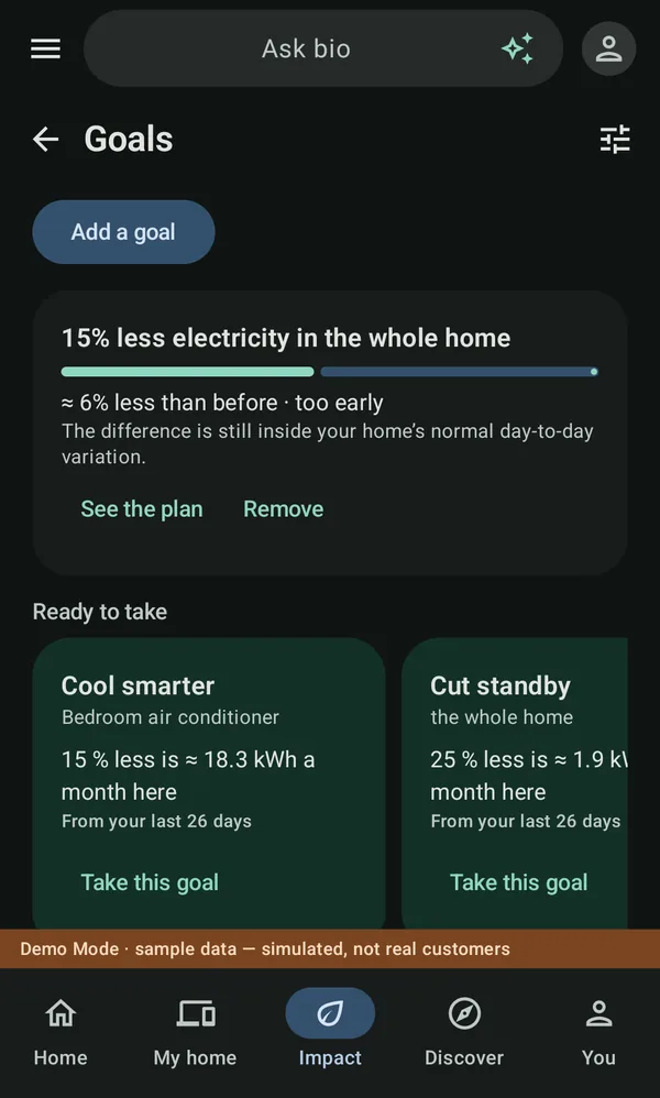 Goals in bio: a goal of 15 percent less electricity, and ready-made goals such as Cool smarter and Cut standby