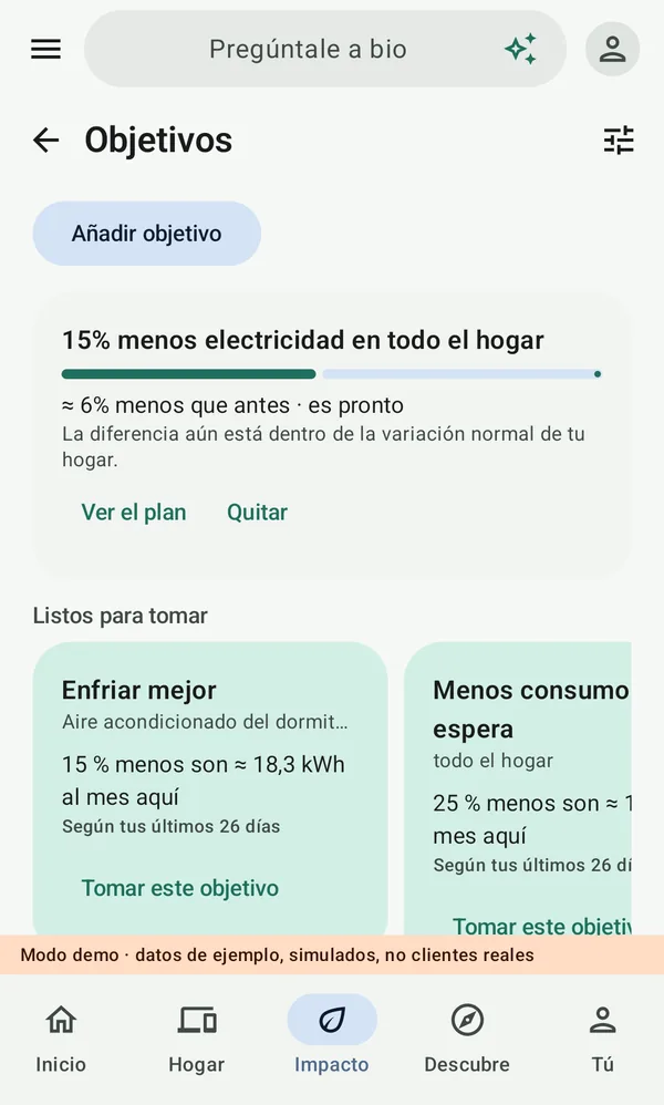 Objetivos en bio: un objetivo de un 15 % menos de electricidad y objetivos listos como Enfriar mejor y Menos consumo en espera
