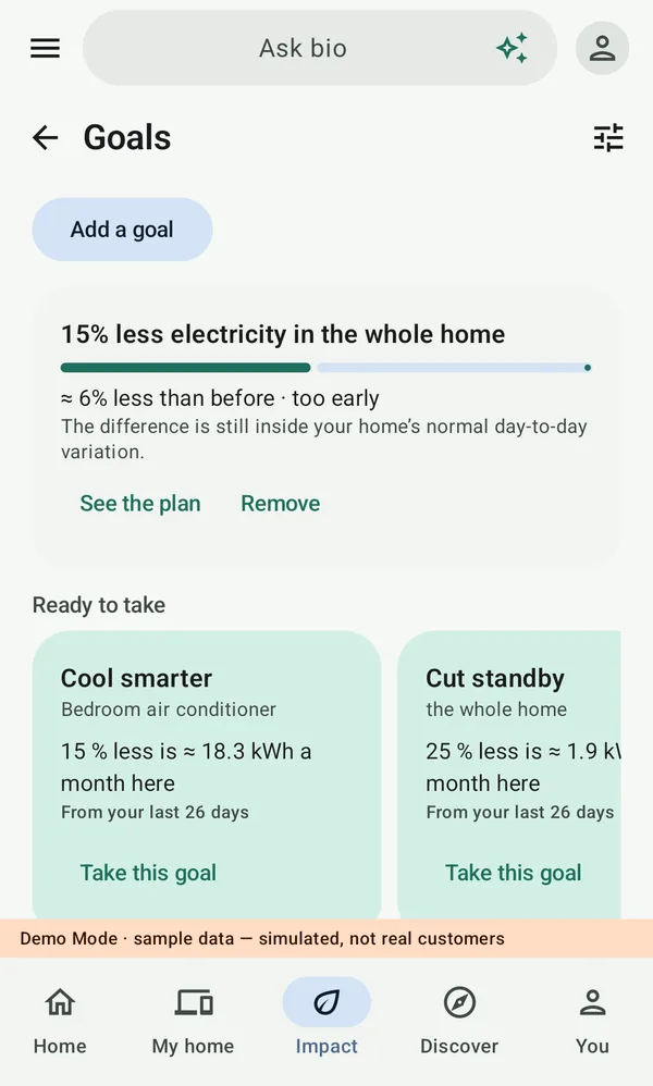 Goals in bio: a goal of 15 percent less electricity, and ready-made goals such as Cool smarter and Cut standby