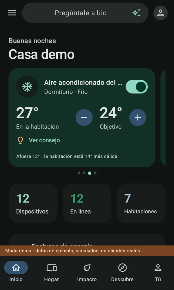 La pantalla Inicio de la app de bio: saludo, la tarjeta del aire acondicionado del dormitorio y el número de dispositivos, dispositivos en línea y habitaciones
