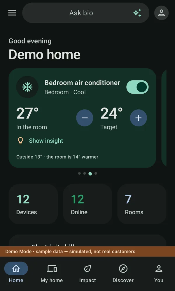 The Home screen of the bio app: greeting, the bedroom air conditioner card, and counts of devices, online devices and rooms