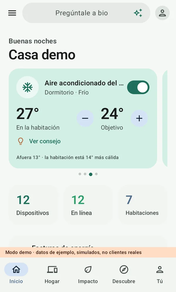 La pantalla Inicio de la app de bio: saludo, la tarjeta del aire acondicionado del dormitorio y el número de dispositivos, dispositivos en línea y habitaciones