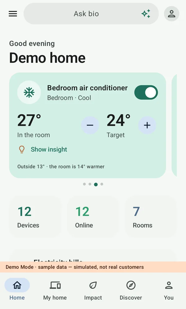 The Home screen of the bio app: greeting, the bedroom air conditioner card, and counts of devices, online devices and rooms