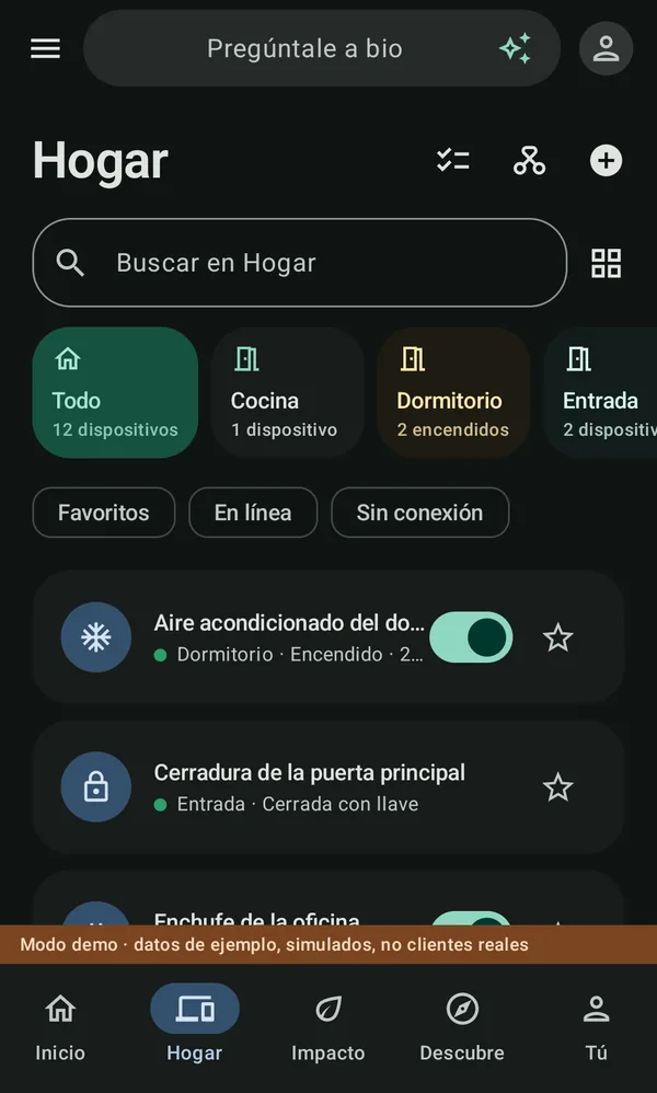 Hogar en la app de bio: habitaciones, filtros y dispositivos