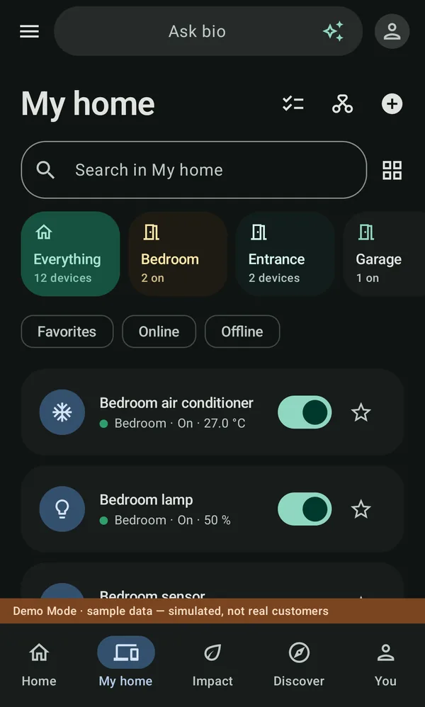 My home in the bio app: room tiles, filters and devices