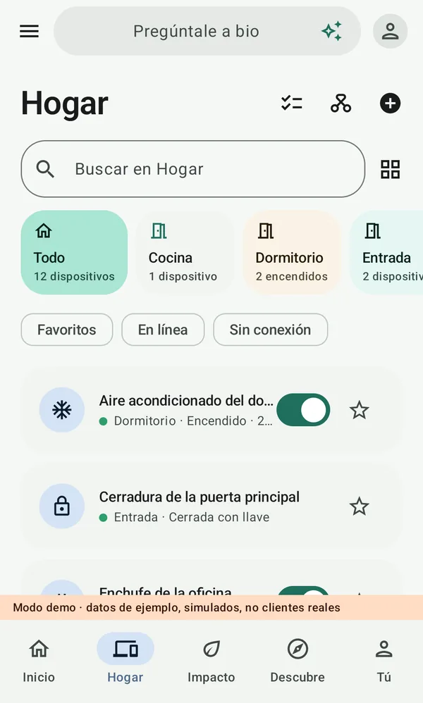 Hogar en la app de bio: habitaciones, filtros y dispositivos
