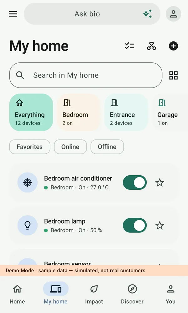 My home in the bio app: room tiles, filters and devices